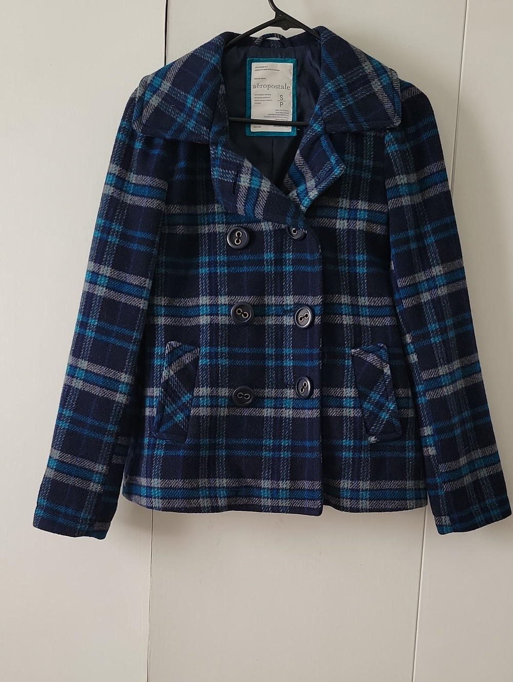 Aeropostale Women's Navy and Teal Plaid Peacoat